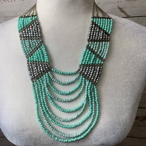 EUC Turquoise & Silver Tiered Beaded Necklace